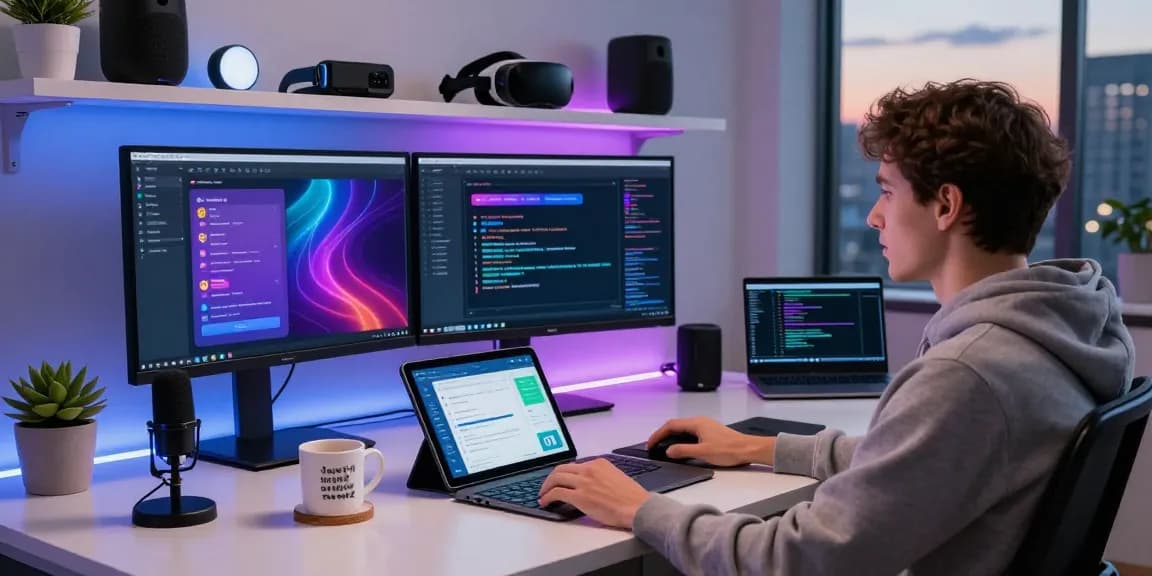 In a modern workspace, a developer interacts with vibrant crushonai interfaces on multiple monitors, surrounded by tech gadgets.