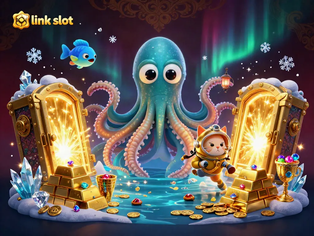 Engage with the link slot adventure featuring a kraken and a diving cat amid treasure and gaming elements.