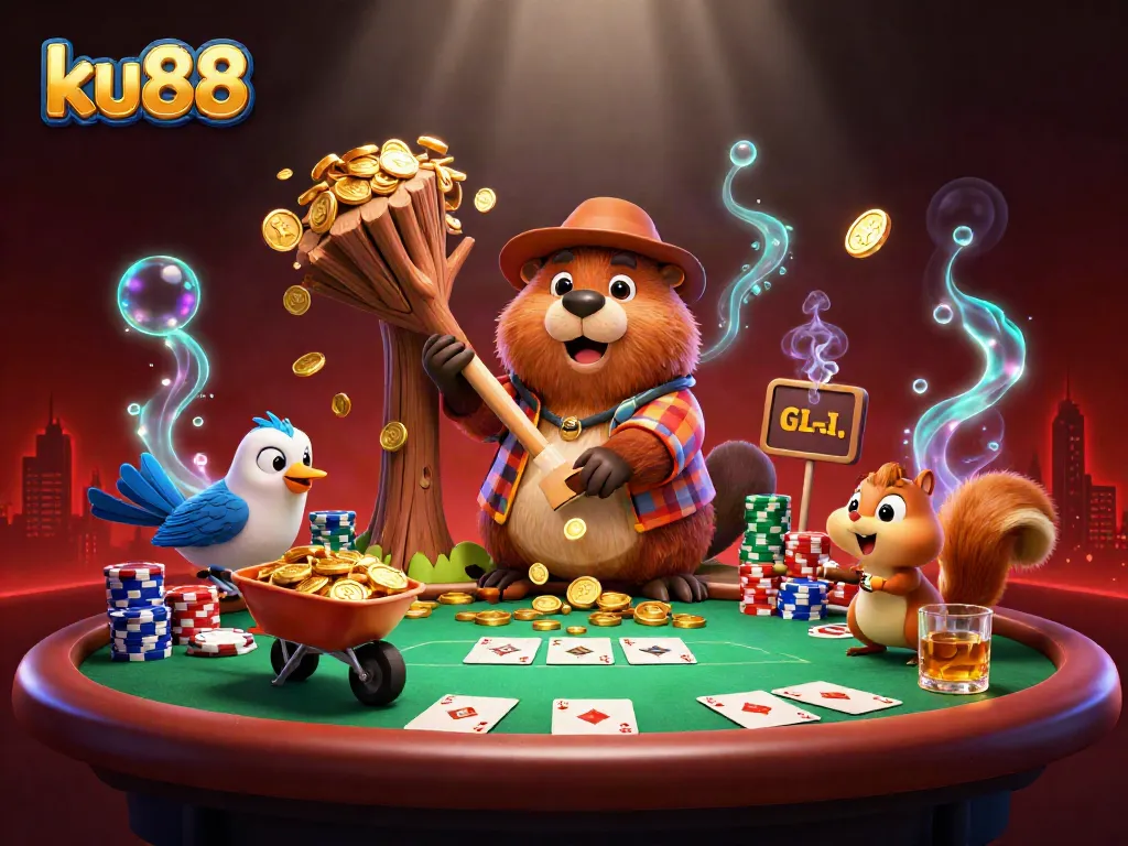 ku88 showcases a lively casino scene with cartoon characters and golden coins raining down, embodying excitement and fun.
