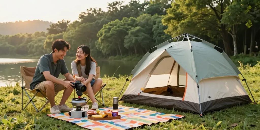 Couple camping with rokok88 gear at a scenic lake during sunrise