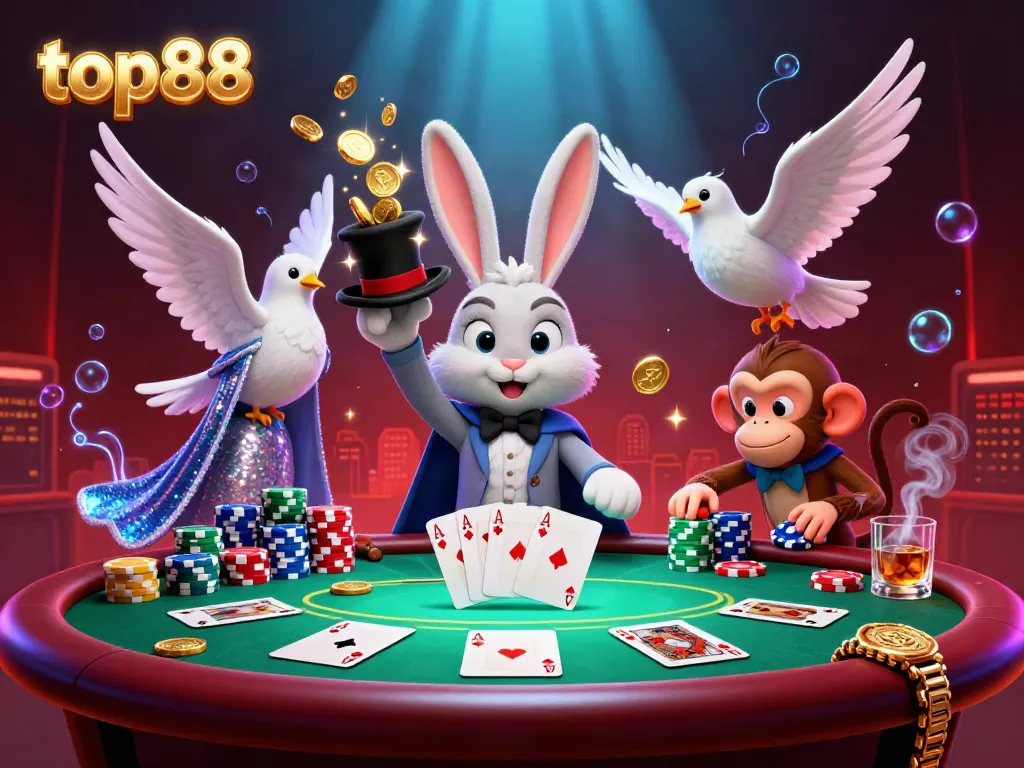 Experience the magic of top88 with a cartoon magician rabbit, poker chips, and enchanting casino elements.