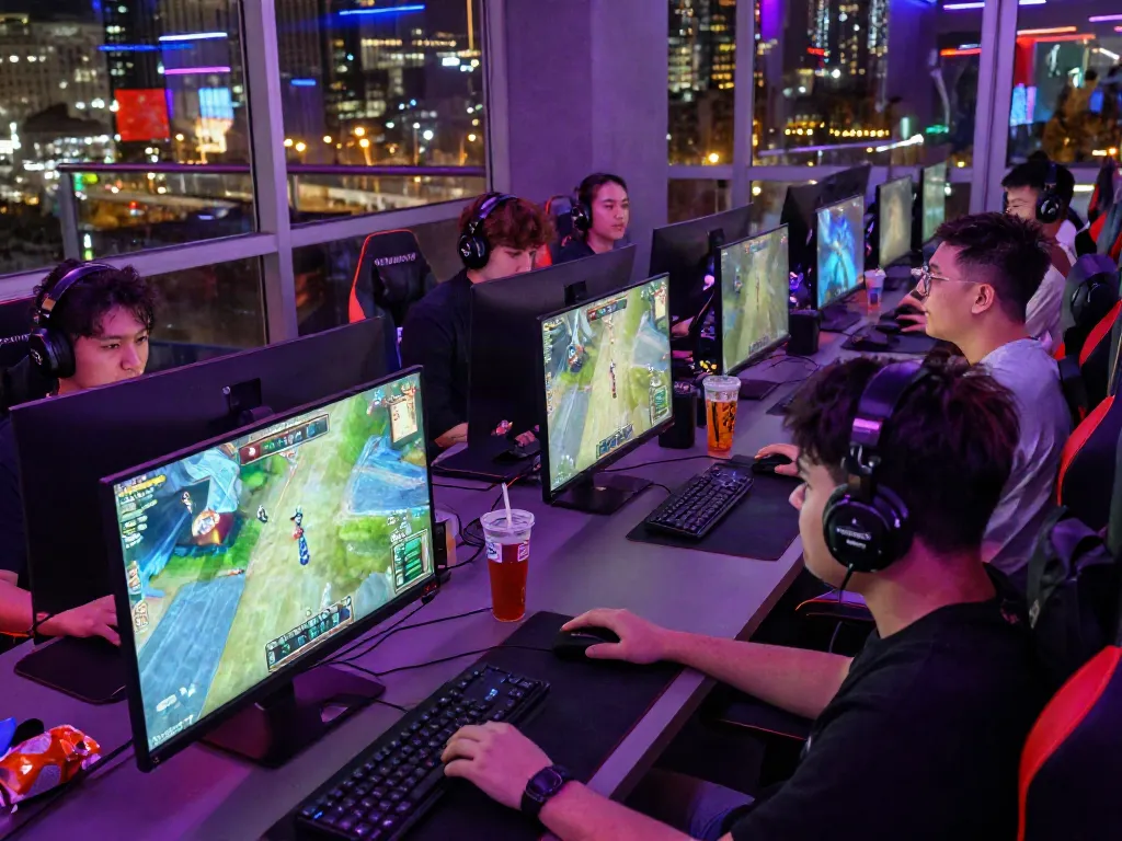 Gamers enjoying ROKOK88 link at a vibrant gaming lounge filled with excitement.