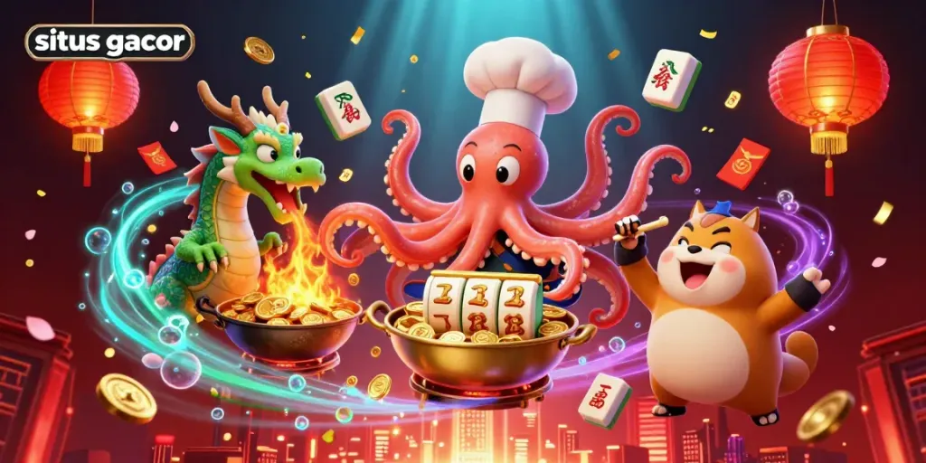 Situs gacor showcases an animated scene of a chef octopus, dragon, and tanuki, celebrating Jackpot excitement.