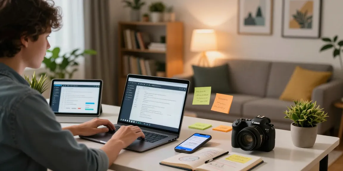 Download WPS Office in a modern home office setup with devices and productivity tools.