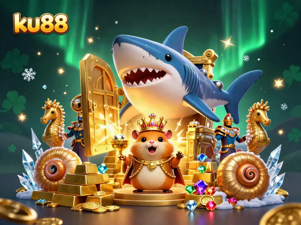 Elevate your gaming experience with ku88's rich treasure-filled scene featuring a golden hamster king and stunning gems.