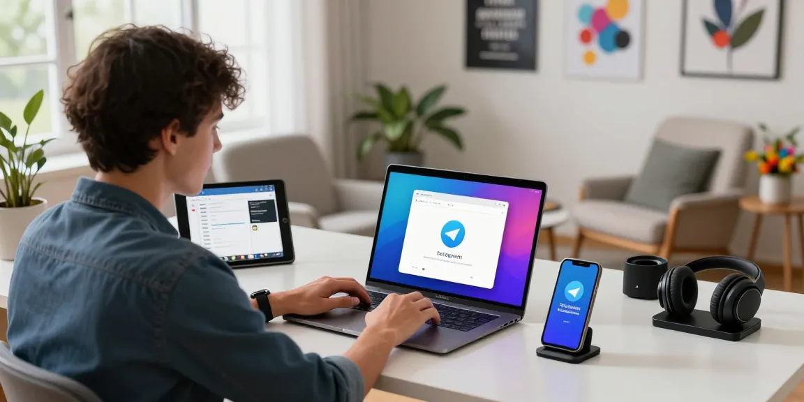 Downloading Telegram on a laptop in a modern workspace, showcasing productivity and technology.