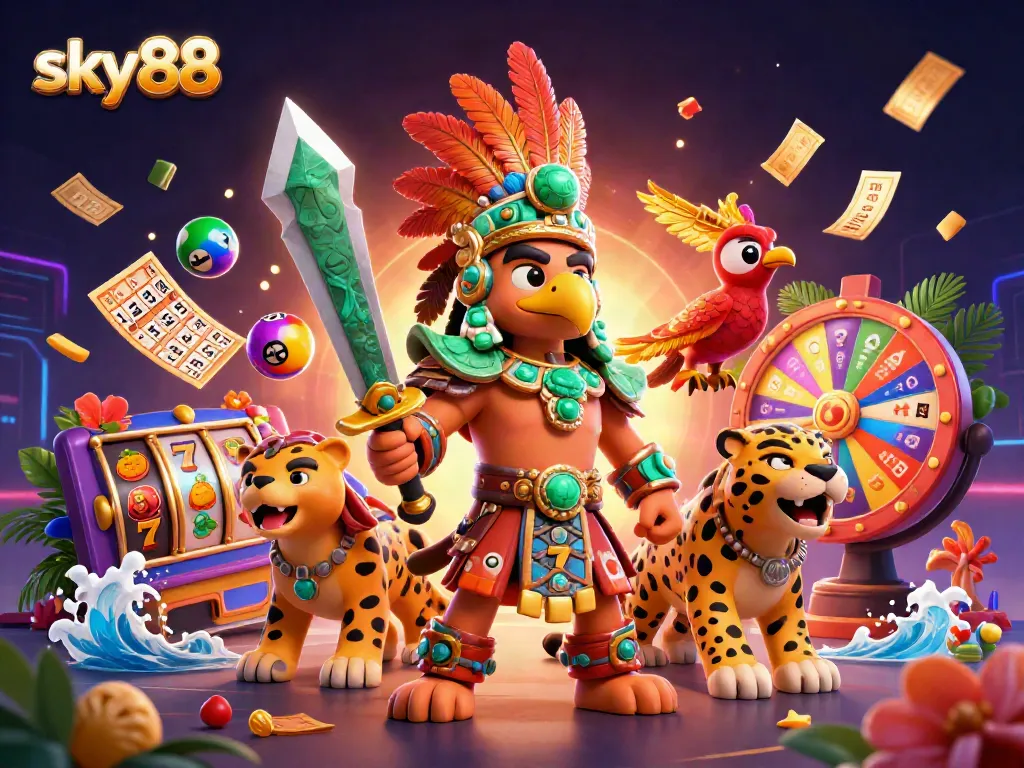 Engage in thrilling gaming action with sky88, showcasing a vibrant 3D illustration featuring lucky symbols and characters.
