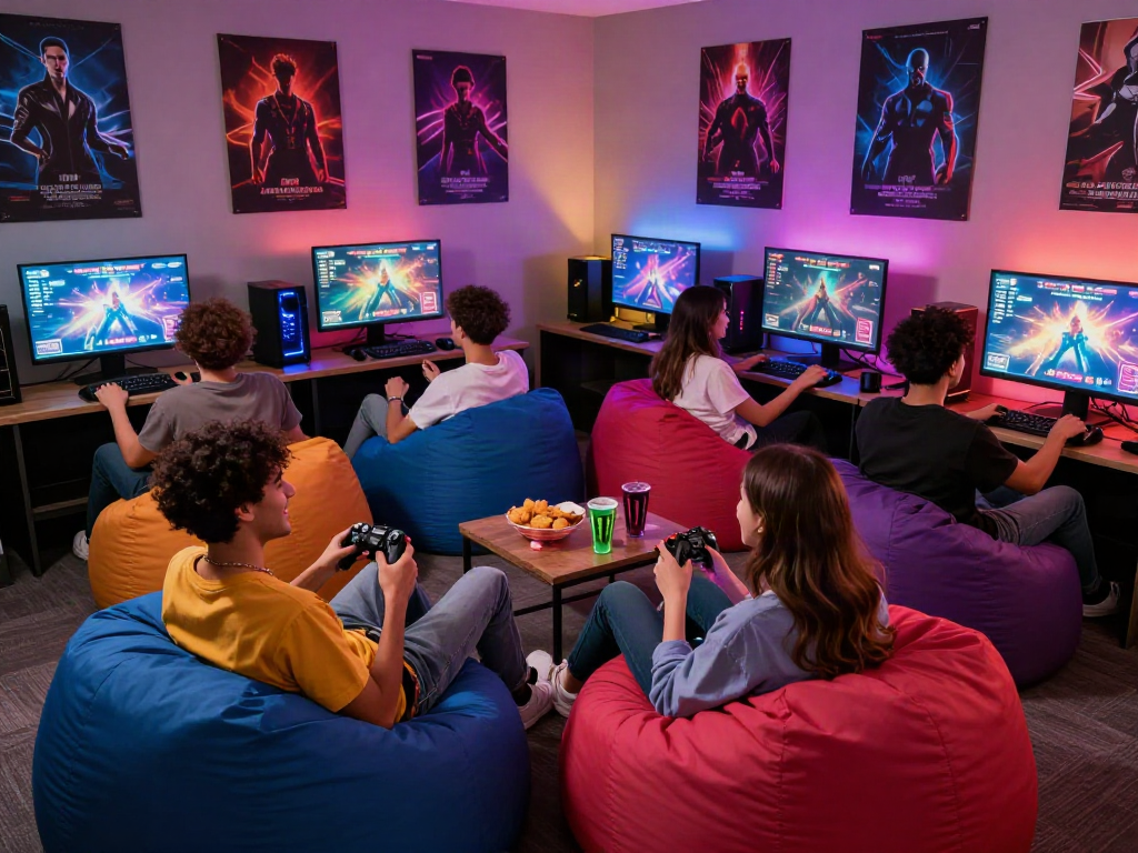 Engaged friends playing a porn game in a vibrant gaming lounge with LED lights and consoles.