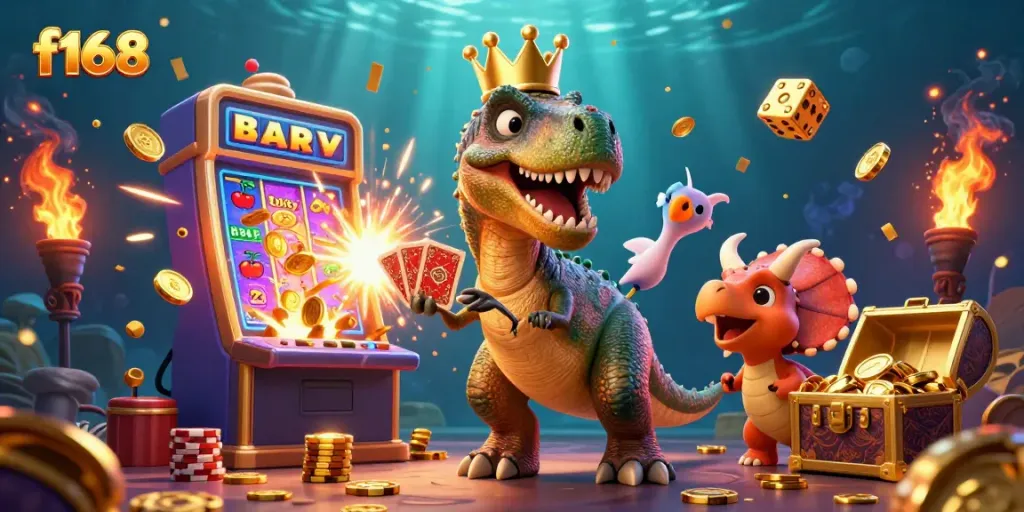 Engage with f168’s thrilling casino scene featuring cartoon dinosaurs playing cards amidst dazzling slot machine action.