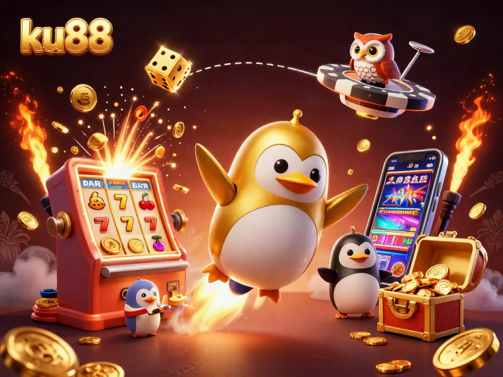 Experience thrilling gameplay at ku88 with a golden penguin and casino elements in space.
