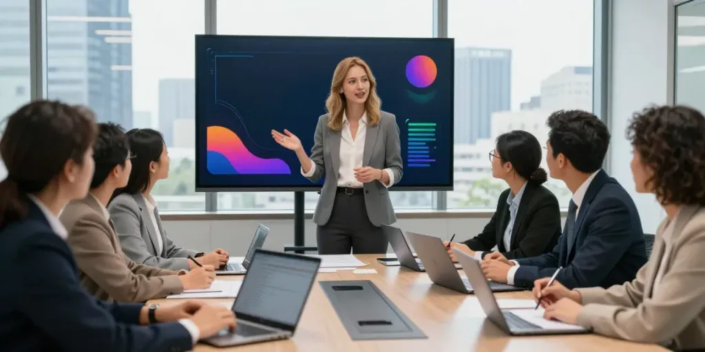Beth Pearce leading a dynamic team meeting on public administration strategies, emphasizing collaboration and professionalism in a modern office.