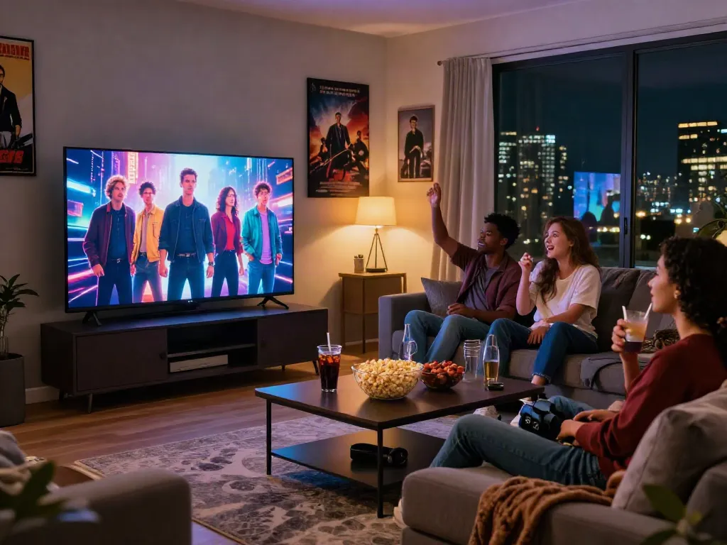 Friends enjoying a rokok88 super movie night at home with cozy atmosphere.