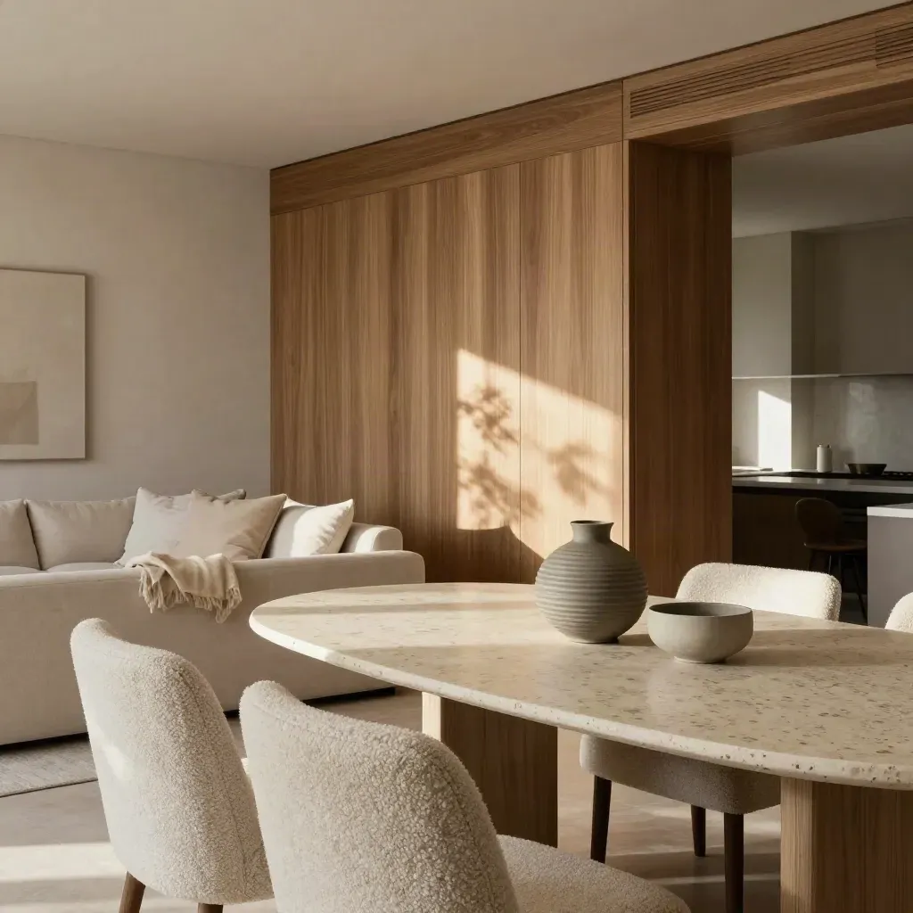 Elegant living-dining room with oak joinery, travertine table, plaster walls, and boucle seating.