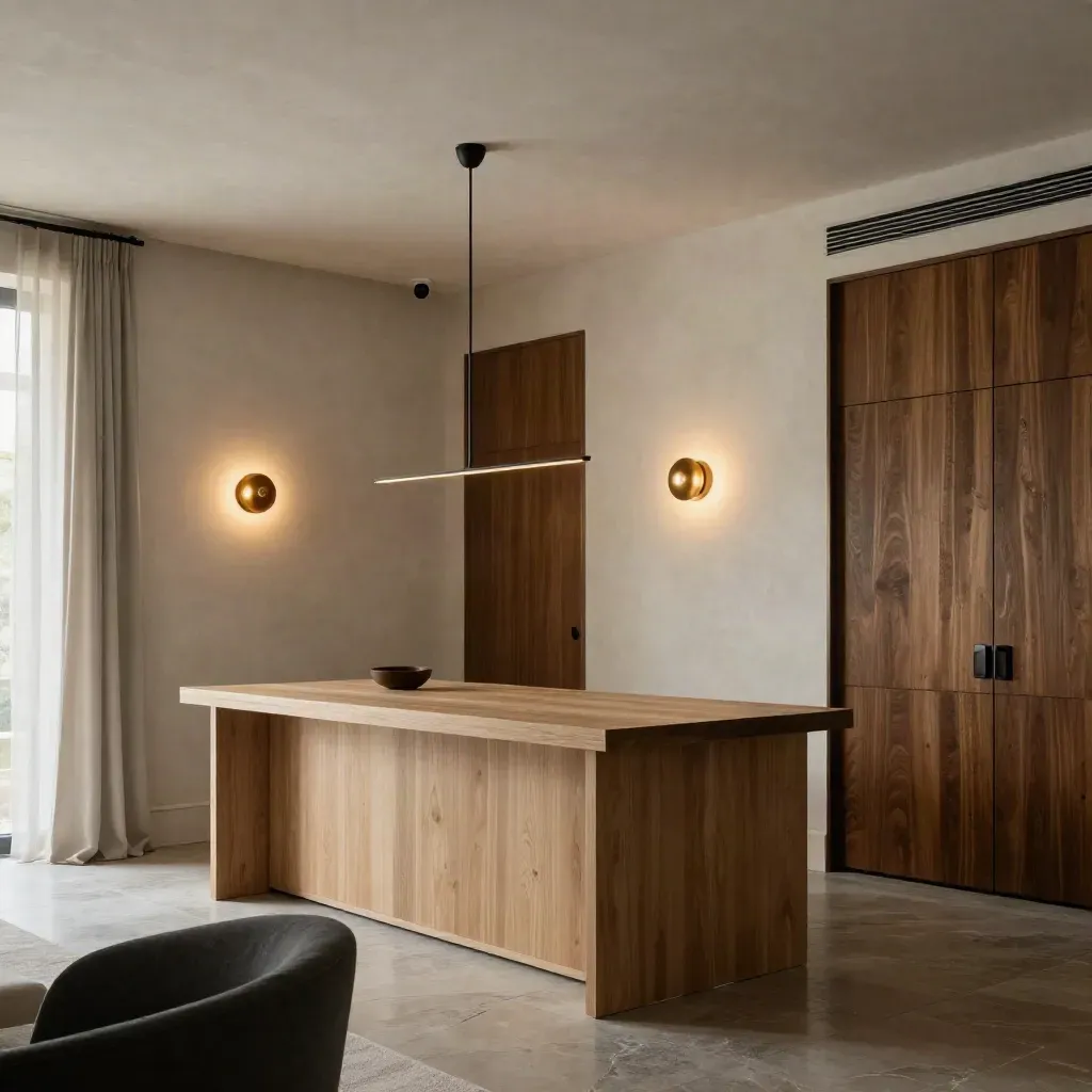 Warm layered living room lighting with plaster walls, pendant glow, and recessed washes.