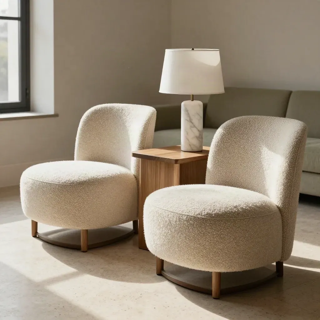 Modern lounge chairs, oak side table, and marble lamp base in a bright furnishing room.