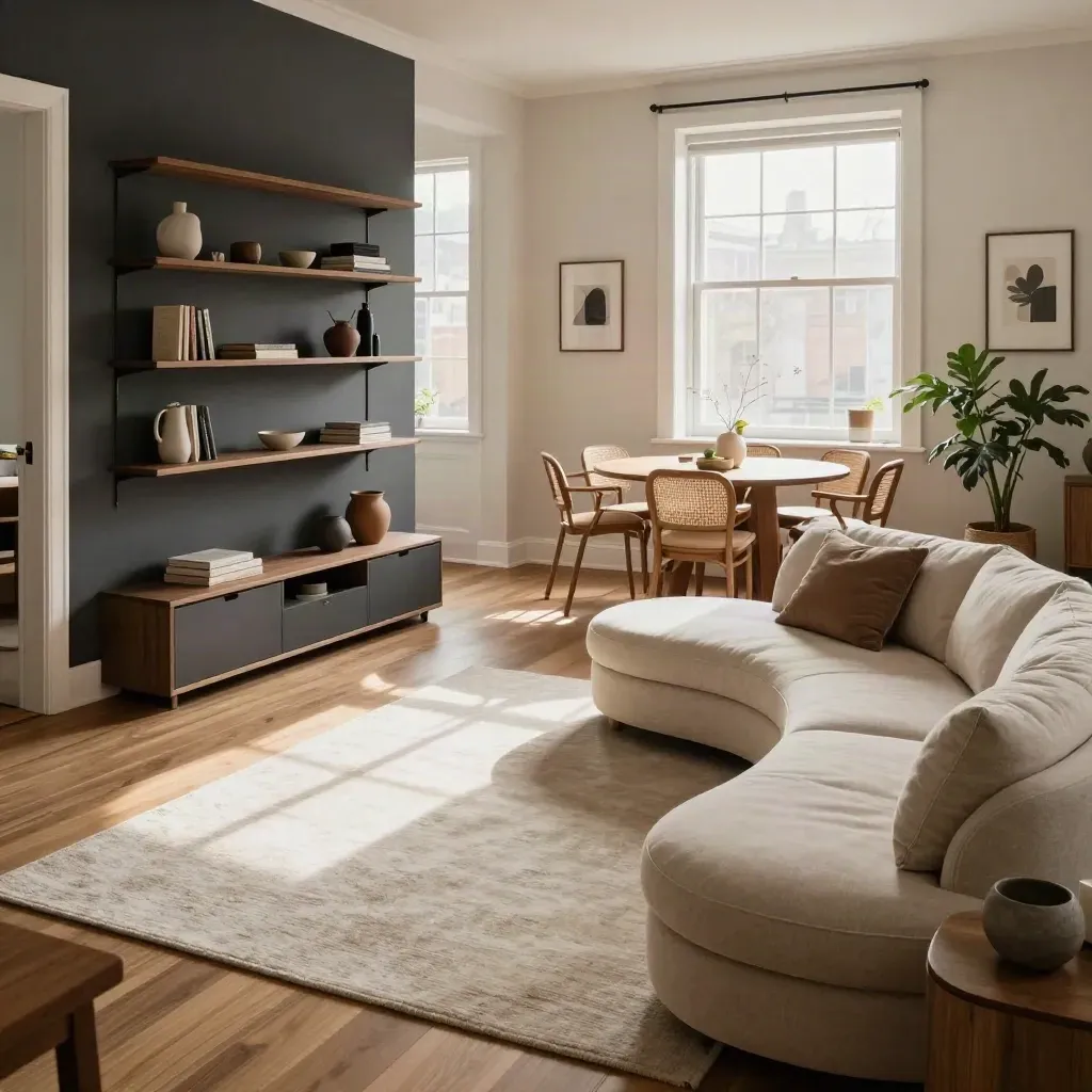 Compact apartment with curved sofa, dining nook, and clear circulation to a sunlit window.