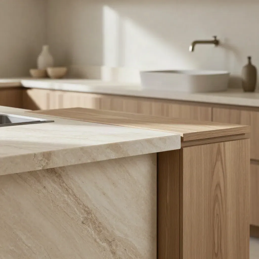 Stone island, oak vanity and brushed taps linked as one kitchen-bath material study.