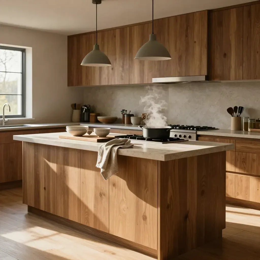 Sunlit oak kitchen with stone peninsula, pendant line, and soft steam in a warm documentary mood.