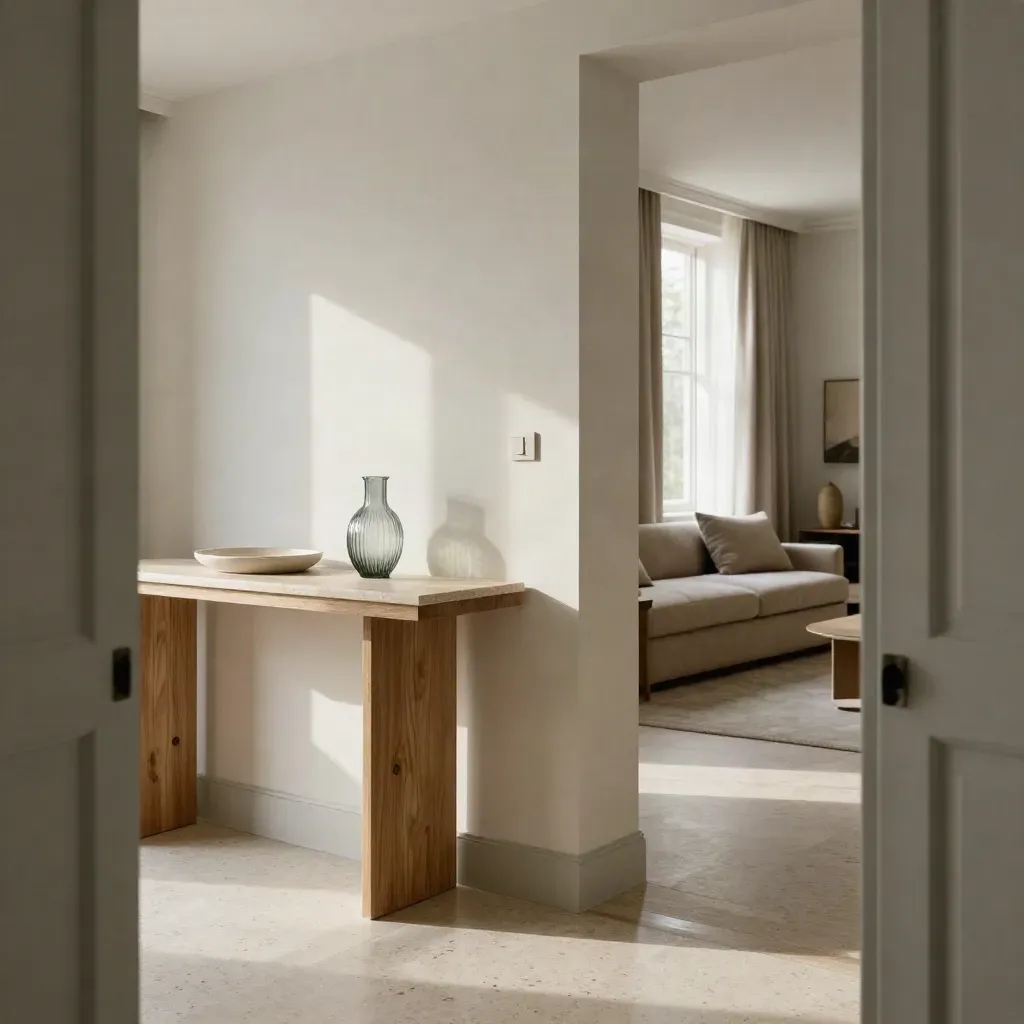 Sunny entry view of a one-bed flat with built-in storage, slim console, and a window seat.