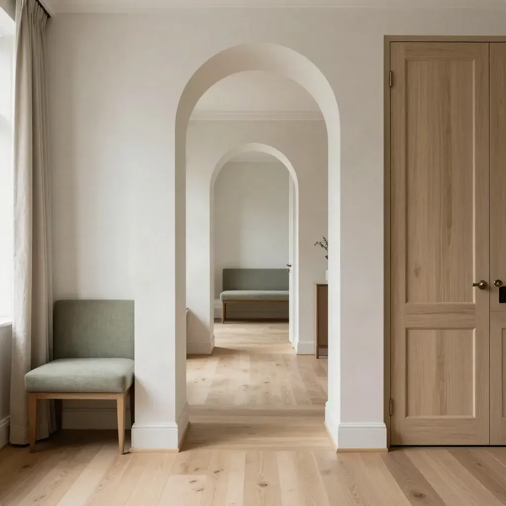 Axial view through linked townhouse rooms in oak, plaster, and muted sage.