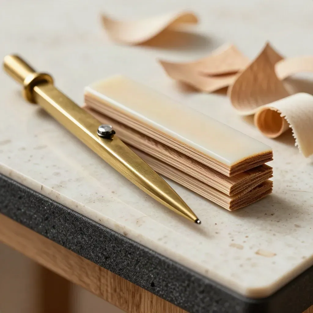 Brass compass, bone folder and oak veneer chips on travertine in extreme macro.