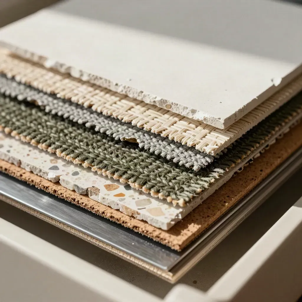 Macro of plaster chips, upholstery swatches, and terrazzo samples in a material library drawer.