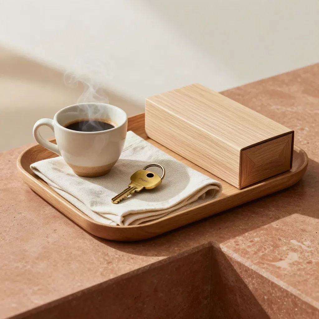 Overhead tray with espresso cup, brass key ring, linen cloth and sample box on a warm stone ledge.