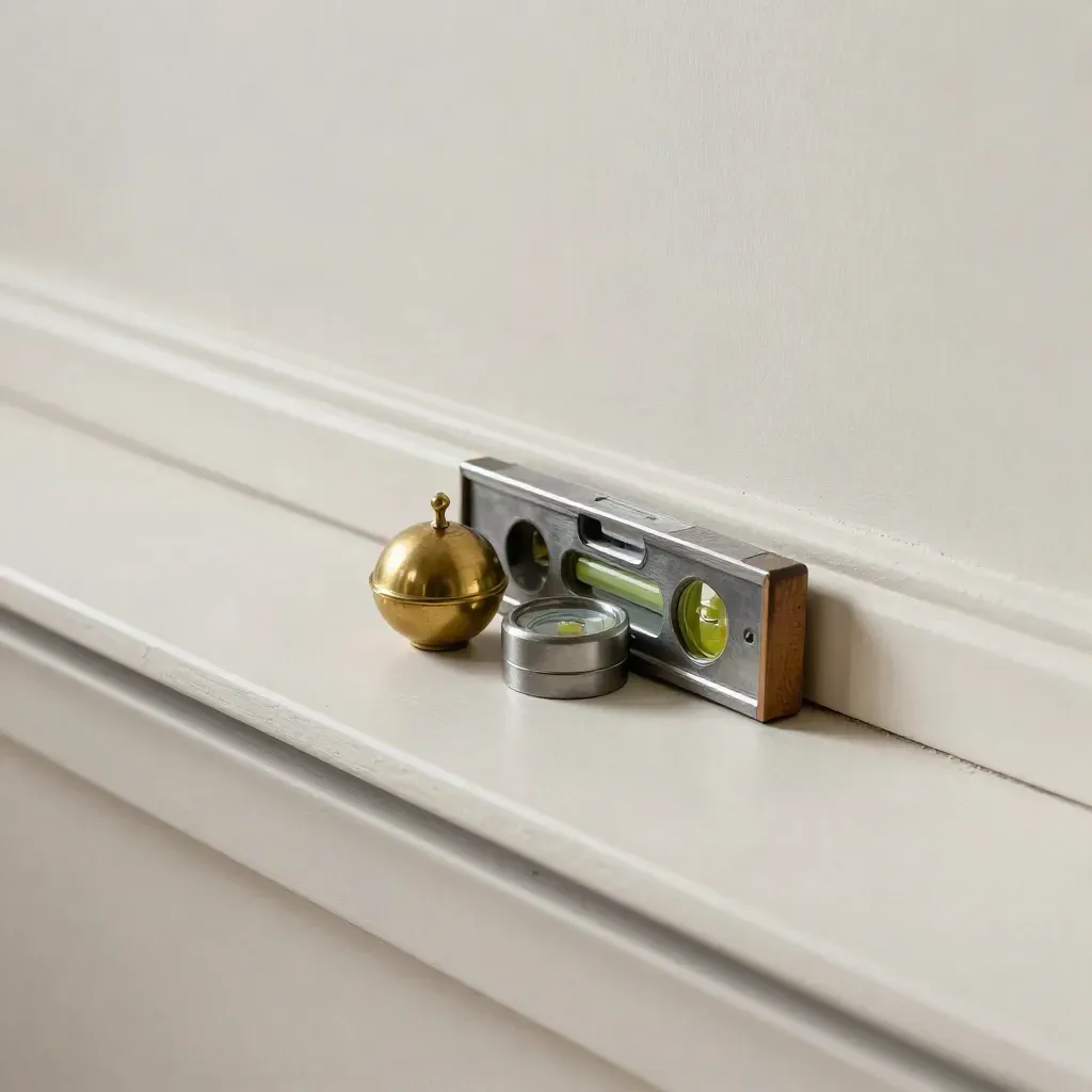 Brass plumb bob and level beside a plaster edge on a soft neutral sweep