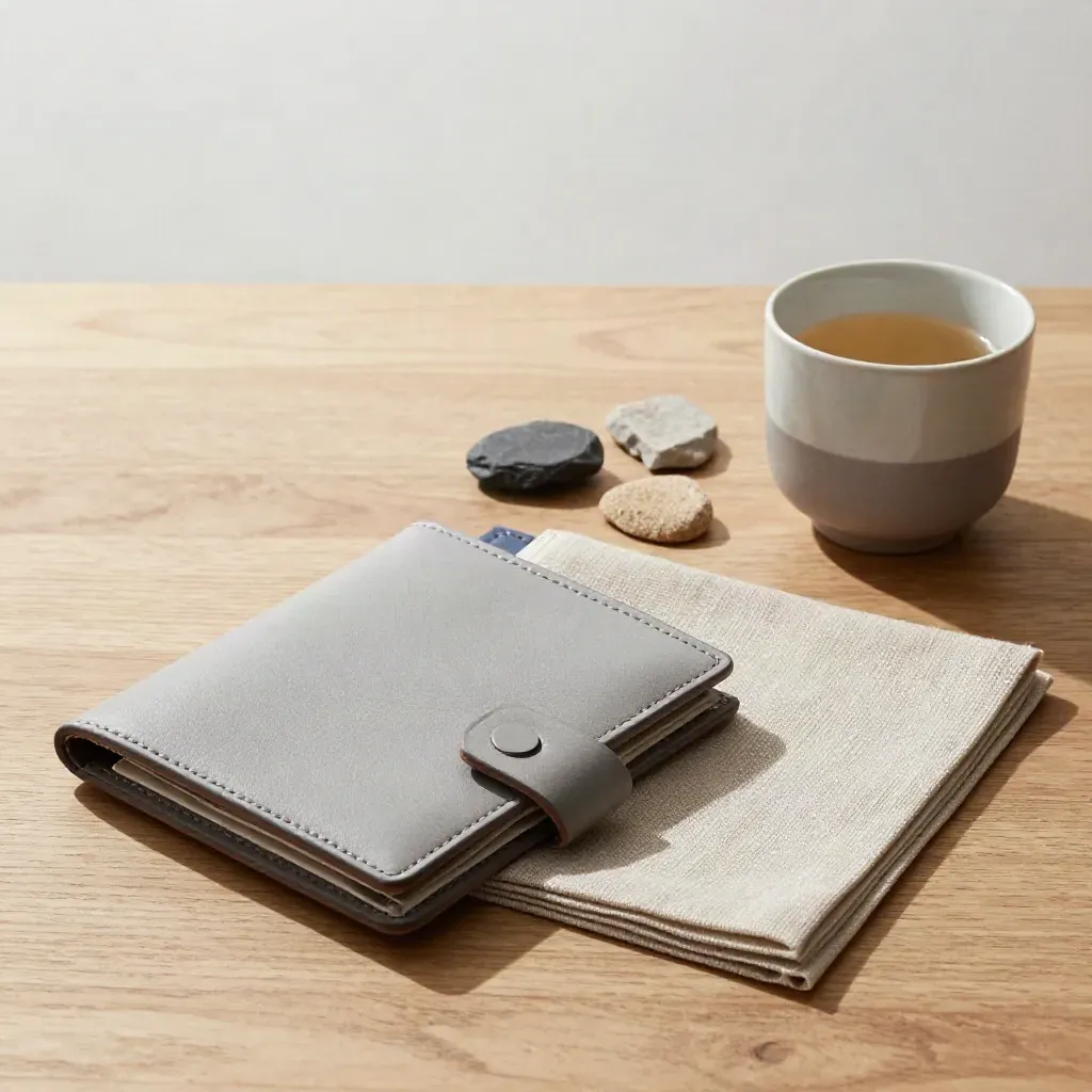 Closed swatch wallet with linen, stone samples, and a small ceramic cup on light oak.