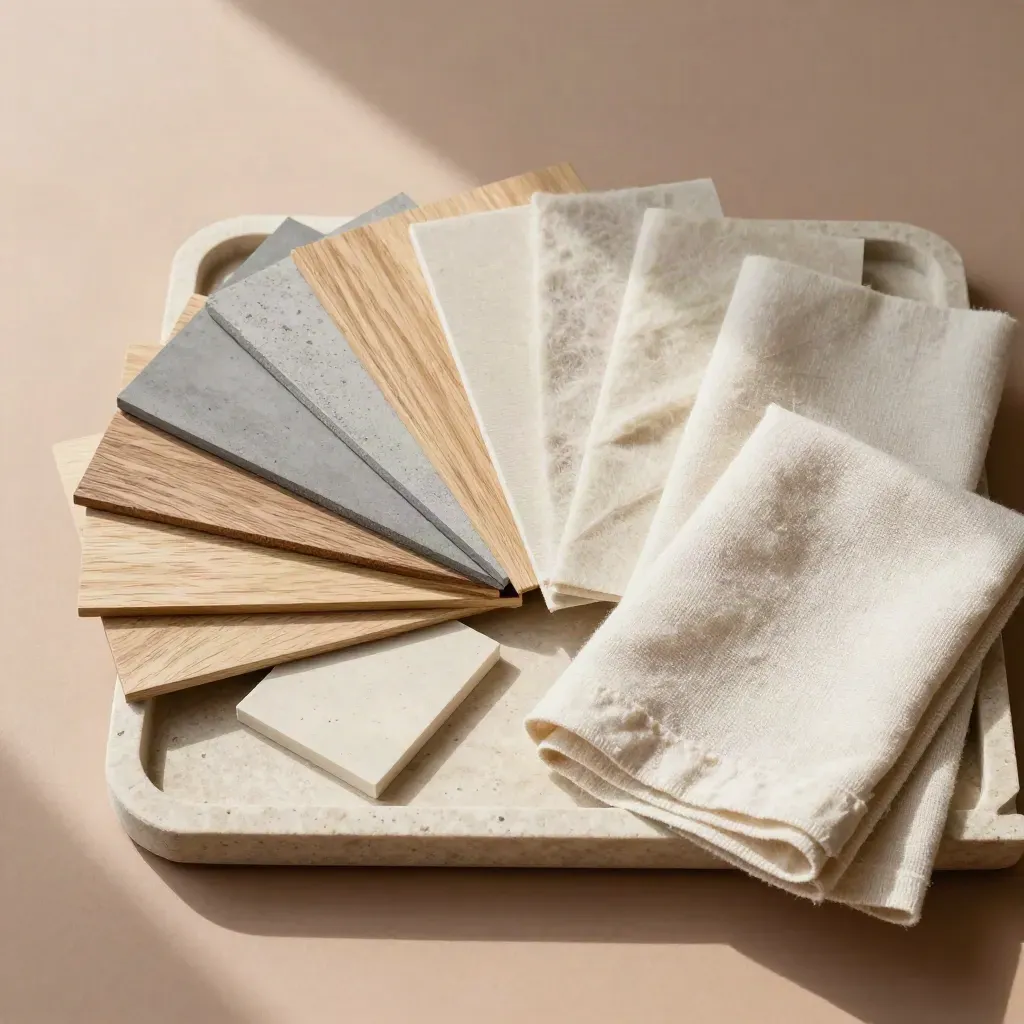 Overhead tray of oak veneer chips and fabric swatches on stone, softly lit