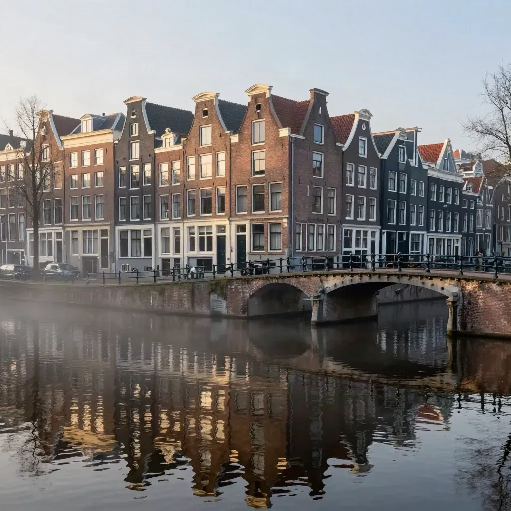 Hazy Amsterdam canal row and bridge reflected in still water, with soft copy space below.