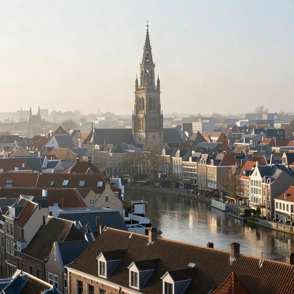 Dom Tower over misty Utrecht canal roofs at dawn, with calm copy space below