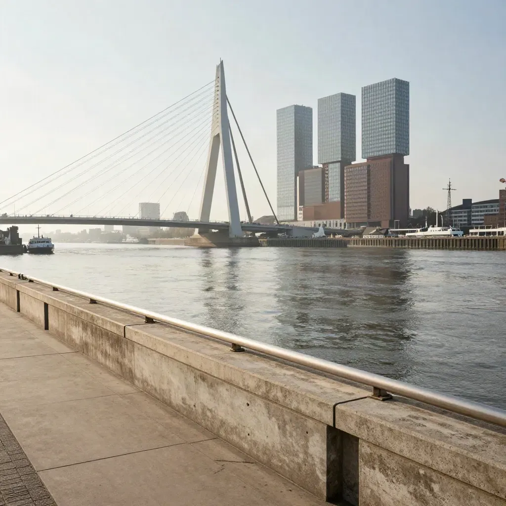 Rotterdam skyline with Erasmus Bridge above a calm river and pale quay