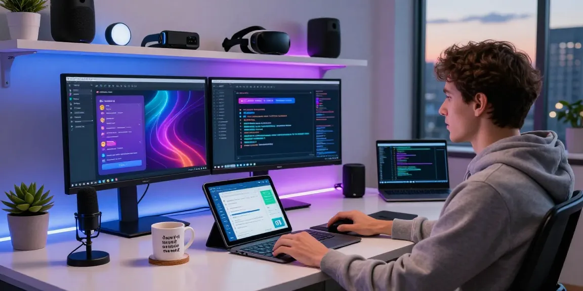 In a modern workspace, a developer interacts with vibrant crushonai interfaces on multiple monitors, surrounded by tech gadgets.