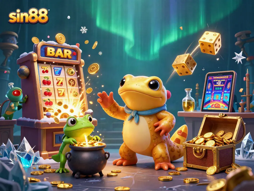Experience thrilling gameplay at sin88 with a vibrant 3D scene featuring slot machines, gold coins, and animated characters.