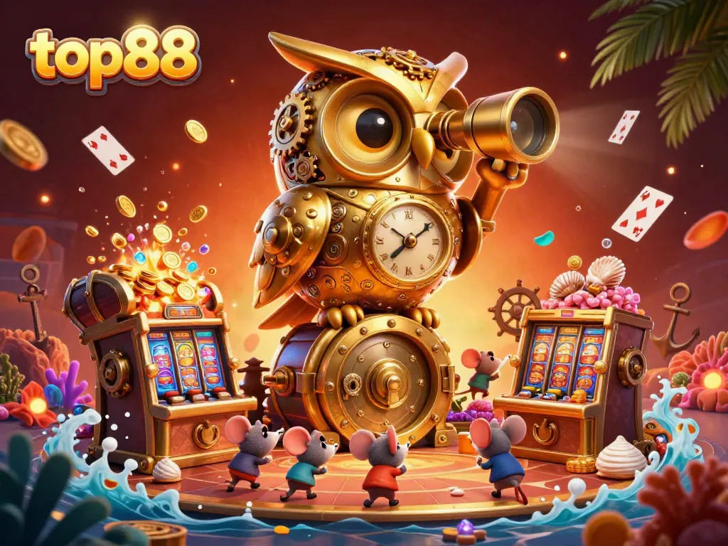 Experience the excitement at top88 with a vibrant 3D illustration of a golden owl and lively casino elements.