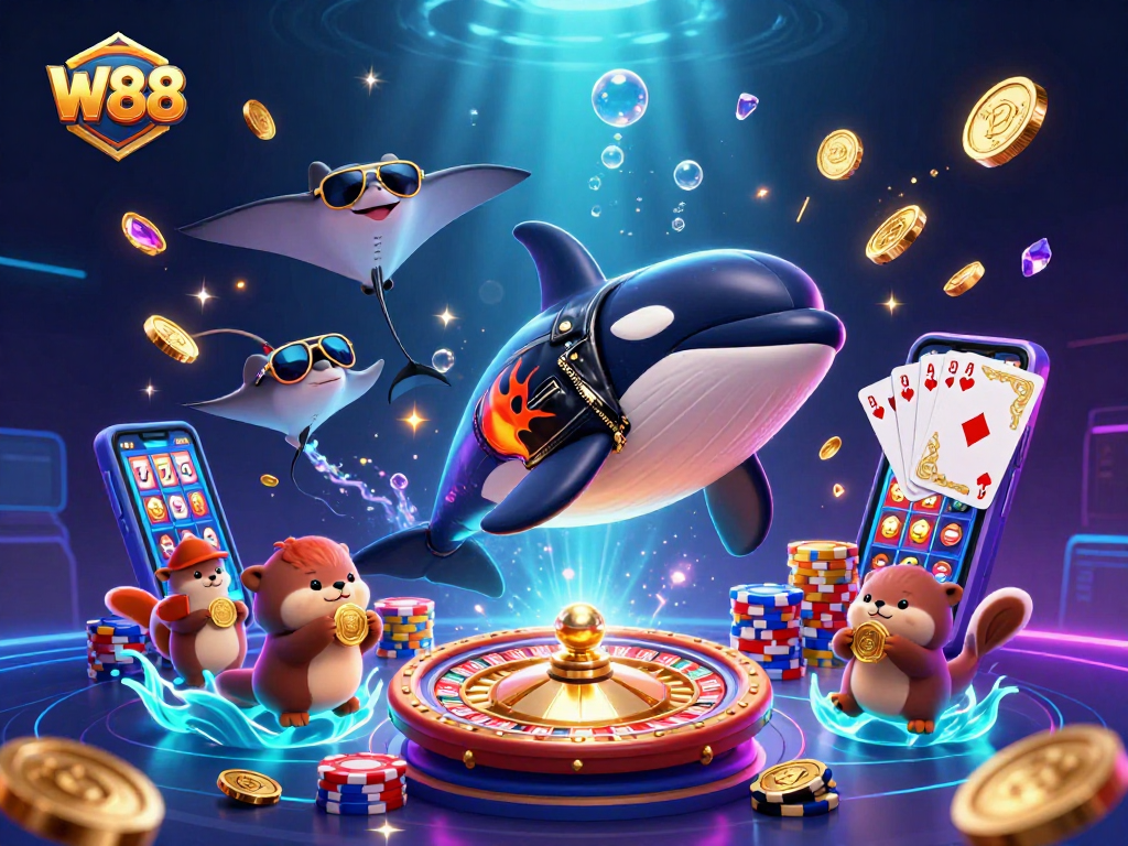 Win big with W88 while enjoying a fun 3D underwater casino scene featuring vibrant characters and game elements.