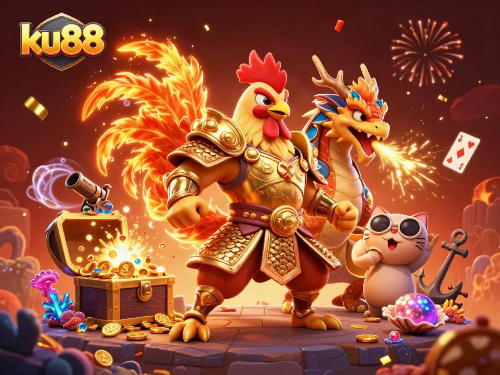 Win big at ku88 with a powerful rooster warrior and dragon amidst vibrant casino treasures.