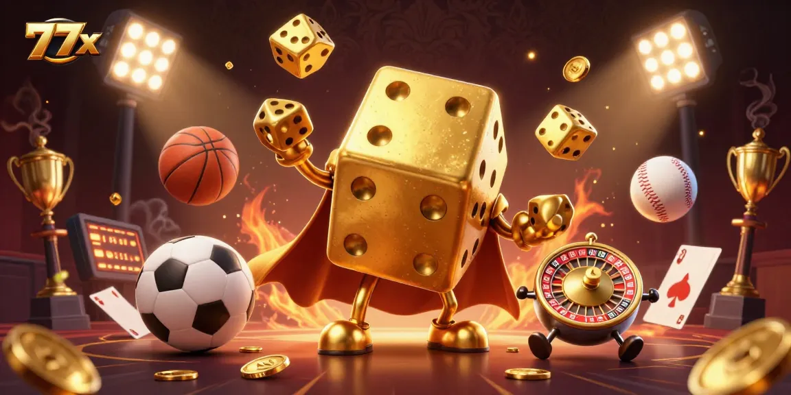 Engage with the excitement of 777x through a dynamic 3D illustration featuring sports and casino elements.