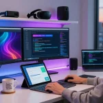 In a modern workspace, a developer interacts with vibrant crushonai interfaces on multiple monitors, surrounded by tech gadgets.