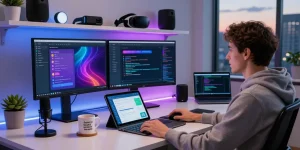 In a modern workspace, a developer interacts with vibrant crushonai interfaces on multiple monitors, surrounded by tech gadgets.