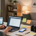 Download WPS Office in a modern home office setup with devices and productivity tools.
