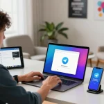 Downloading Telegram on a laptop in a modern workspace, showcasing productivity and technology.