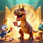Winbox88 apk download with a T-Rex shuffling cards and colorful casino elements all around.
