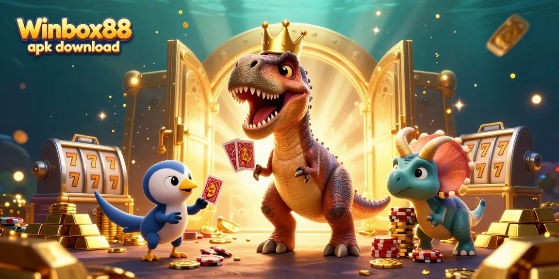 Winbox88 apk download with a T-Rex shuffling cards and colorful casino elements all around.